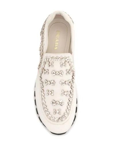 Pre-owned Prada Rhinestone-embellished Slip-on Sneakers In White