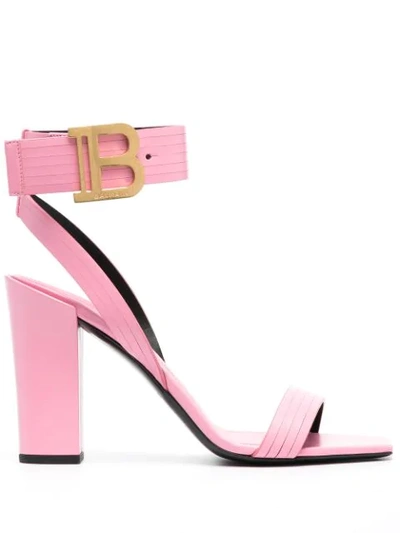 Shop Balmain Logo-plaque Block-heel Sandals In Pink