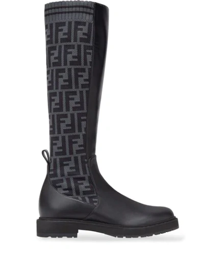 Shop Fendi Ff-logo Pattern Panel Boots In Black