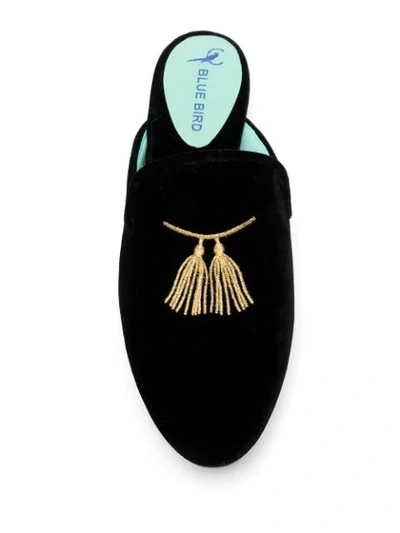 Shop Blue Bird Shoes Tassel Embroidered Velvet Slippers In Black