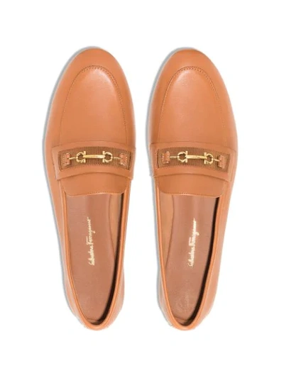 Shop Ferragamo Leather Gancini Detail Loafers In Brown