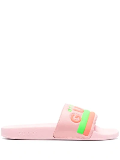 Shop Gucci Logo-print Leather Slides In Pink