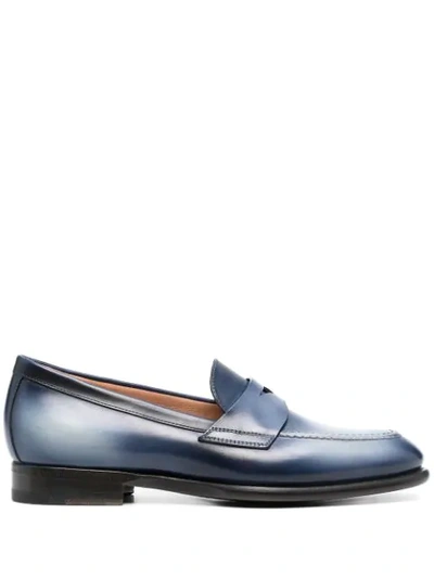 Shop Santoni Almond-toe Leather Loafers In Blue