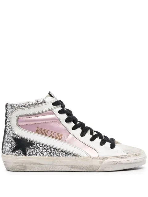golden goose slide sneakers in silver laminated leather and glitter