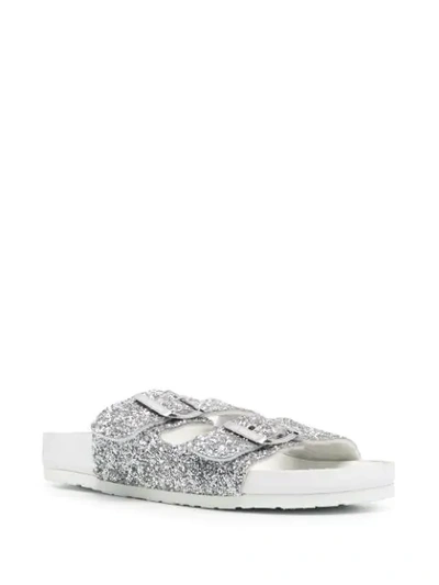 Shop Love Moschino Glitter Buckled Slides In Grey