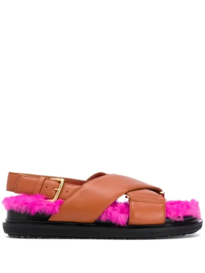 Shop Marni Fur-lined Strapped Flat Sandals In Brown