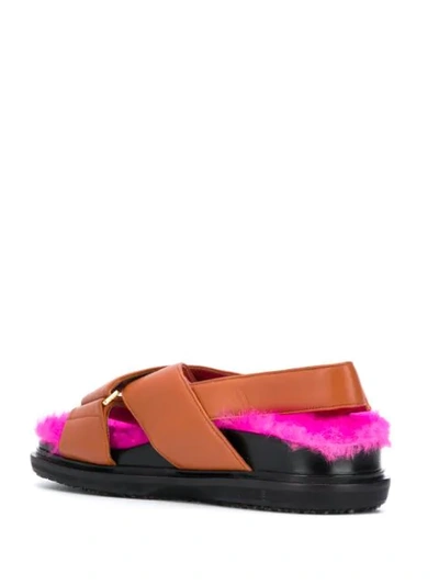 Shop Marni Fur-lined Strapped Flat Sandals In Brown