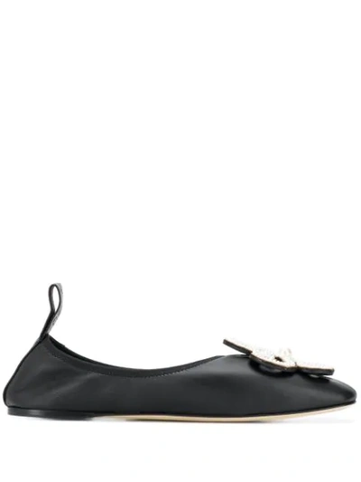 Shop Loewe Flower Brooch Ballerina Shoes In Black