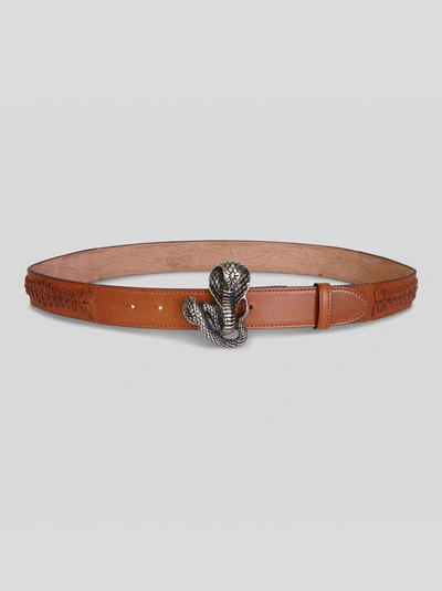 Shop Etro Leather Belt With Snake Buckle In Brown