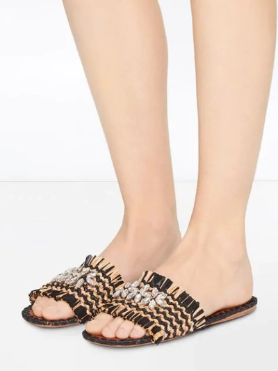 Shop Miu Miu Crystal Detailed Raffia Flat Sandals In Neutrals