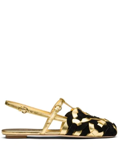 Shop Prada Woven Motif Flat Sandals In Gold