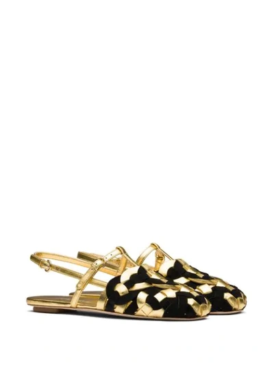 Shop Prada Woven Motif Flat Sandals In Gold