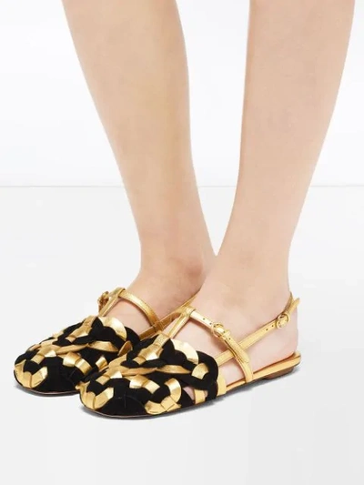 Shop Prada Woven Motif Flat Sandals In Gold