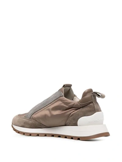 Shop Brunello Cucinelli Satin Trainers With Beaded Detailing In Brown