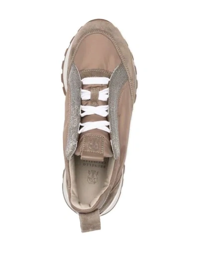 Shop Brunello Cucinelli Satin Trainers With Beaded Detailing In Brown