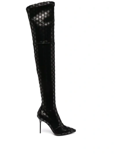 Shop Balmain Monogram Thigh-high Boots In Black