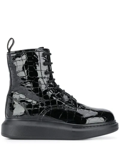 Shop Alexander Mcqueen Crocodile Effect Hybrid Lace-up Boots In Black