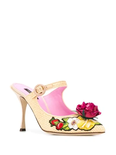 Shop Dolce & Gabbana Woven Raffia Bouquet Mules In Neutrals