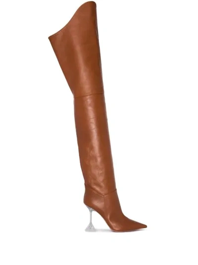 Shop Amina Muaddi Iman 95mm Leather Thigh-high Boots In Brown