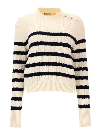 Shop Moncler Striped Cable-knit Sweater In White