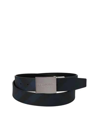 Shop Burberry Reversible Checkered Belt In Blue And Black In Multi