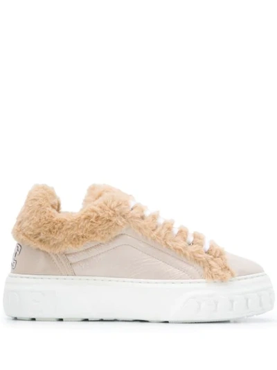 Shop Casadei Shearling Trim Sneakers In Neutrals