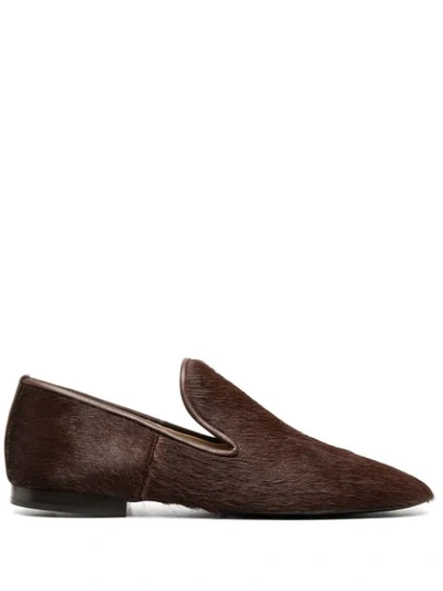 Shop Lemaire Fur-trimmed Loafers In Brown