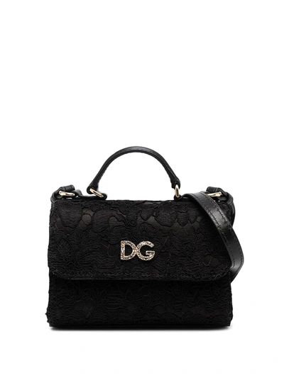 Shop Dolce & Gabbana Crystal Logo Lace Tote In Black