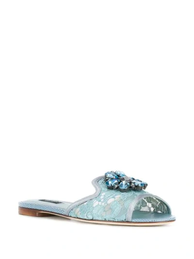 Dolce & Gabbana Bianca Crystal Embellished Lace Flat Sandals In Blue