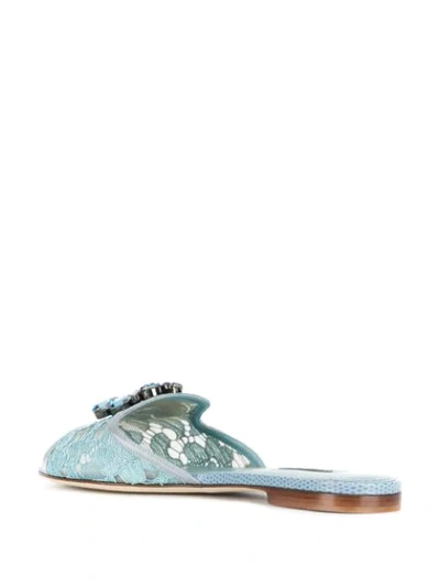 Dolce & Gabbana Bianca Crystal Embellished Lace Flat Sandals In Blue