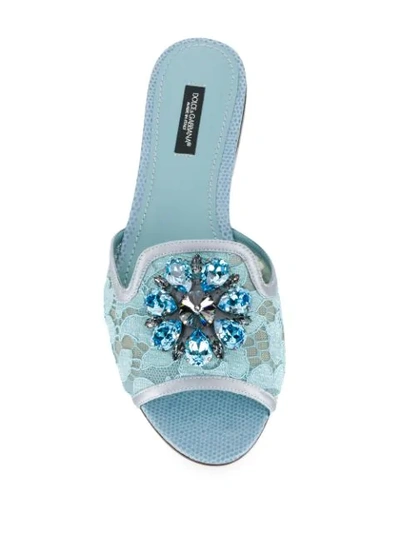 Dolce & Gabbana Bianca Crystal Embellished Lace Flat Sandals In Blue