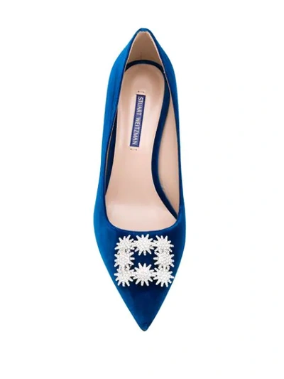 Shop Stuart Weitzman Crystal-buckle Velvet Pumps In Blue