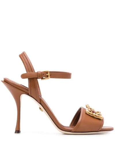 Shop Dolce & Gabbana Embellished Logo Plaque Sandals In Brown