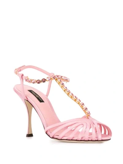 Shop Dolce & Gabbana Crystal-embellished T-bar Sandals In Pink