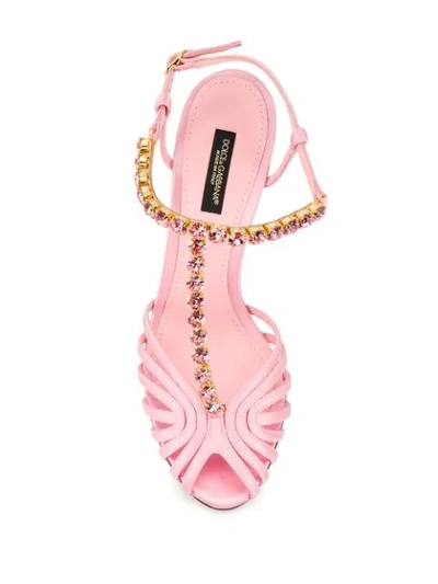 Shop Dolce & Gabbana Crystal-embellished T-bar Sandals In Pink