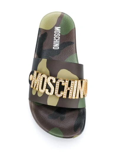 Shop Moschino Camouflage Logo Slides In Green