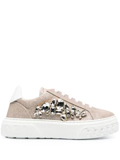 Shop Casadei Crystal Embellished Glitter Detail Sneakers In Gold