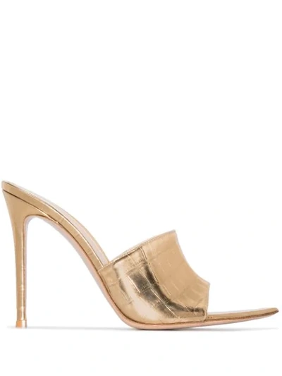 Point Toe Heeled Leather Mule Sandals In Gold