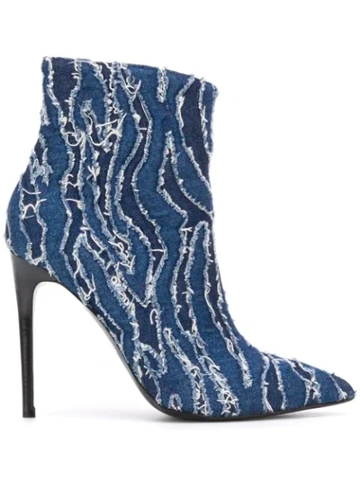 Shop Just Cavalli 120mm Pointed Distressed Denim Boots In Blue