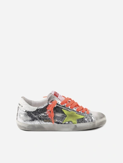 Shop Golden Goose Superstar Sneaker In Laminated Leather In Silver/white/yellow Fluo