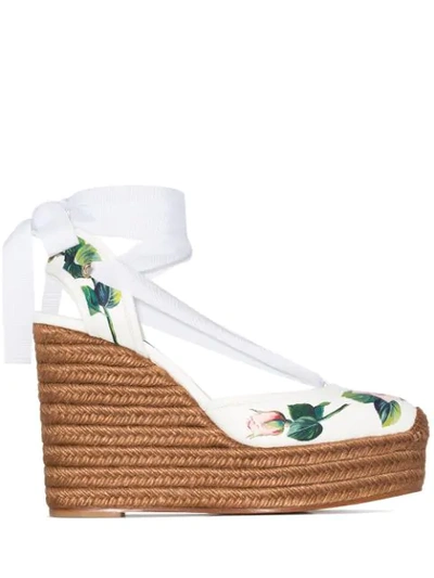 Shop Dolce & Gabbana 130mm Rose-print Leather Espadrilles In White