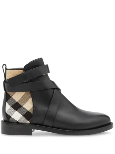 Shop Burberry House Check And Leather Ankle Boots In Black