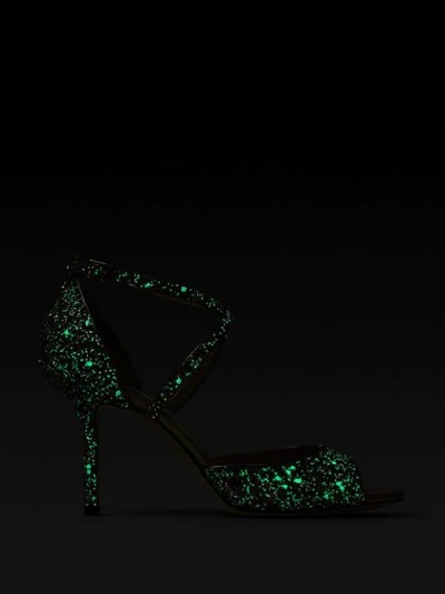 Shop Jimmy Choo Emsy 85mm Glow-in-the-dark Glitter Sandals In Metallic