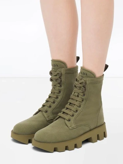 Shop Prada Denim Ankle Boots In Green