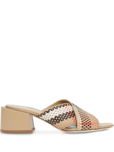 Shop Burberry Woven-effect Block Heel Sandals In Neutrals