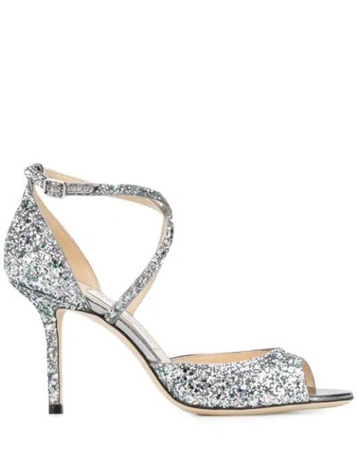 Shop Jimmy Choo Emsy 85mm Glitter Sandals In Silver