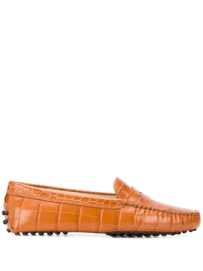 Shop Tod's Crocodile Embossed Penny Loafers In Brown