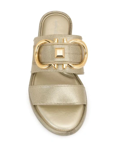 Shop Ferragamo Gancini Metallic Flat Sandals In Gold
