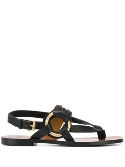 Shop Chloé Ring-detail Flat Sandals In Black