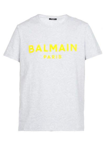 Shop Balmain Cotton T-shirt In Gris Chiné/jaune
